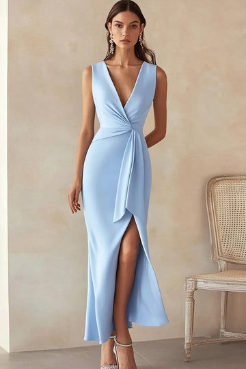 Sky Blue Sheath Satin V-Neck Long Work Dress with Slit